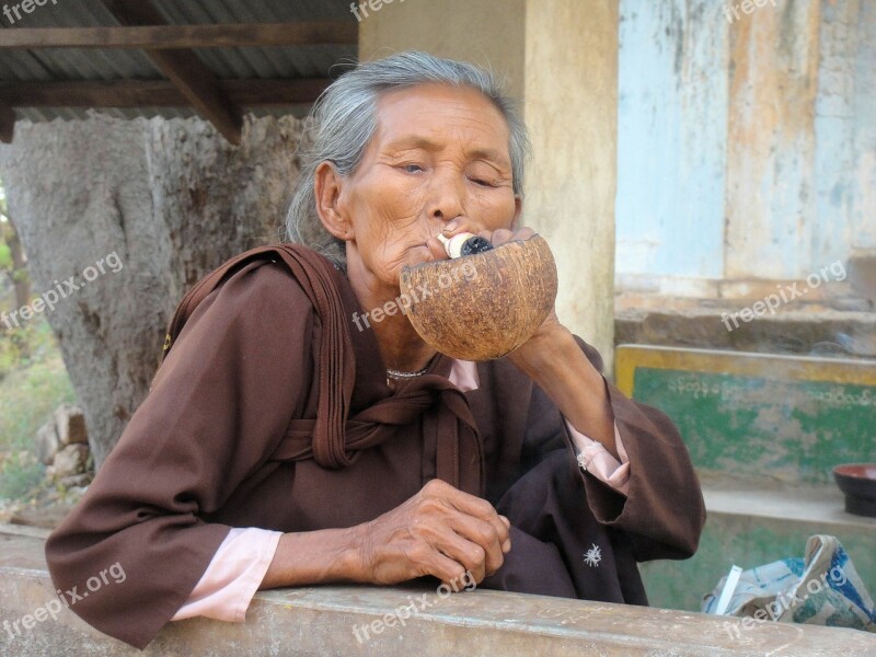 Myanmar Burma Old Woman Smoking Free Photos