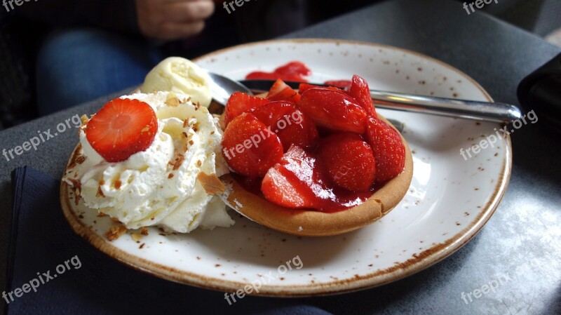 Pastry Strawberry Flan Delicacy Food Whipped Cream