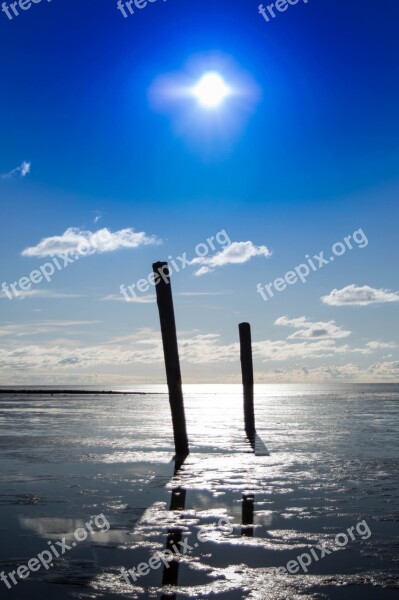 Beach Piles Sky Horizon Landscape