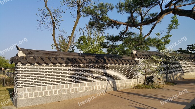 Republic Of Korea Stone Wall Pine Traditional Fence