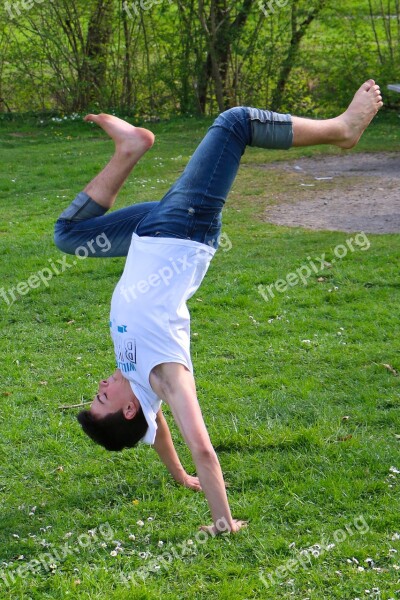 Meadow Acrobatics Boy Young People Upside Down