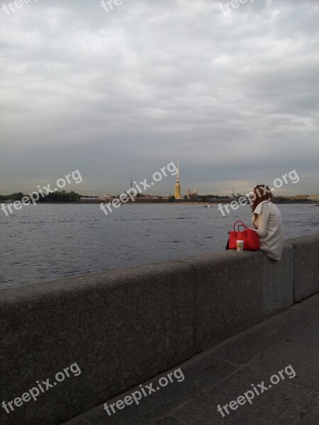 St Petersburg Russia Russia Quay Girl Loneliness