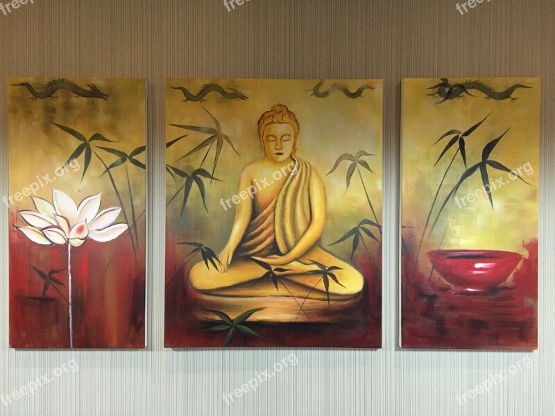 Mural Buddha Statues Lotus Lotus Leaf Plant