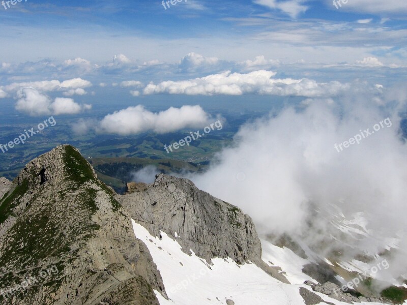 Summit Mountain Clouds Sky Switzerland