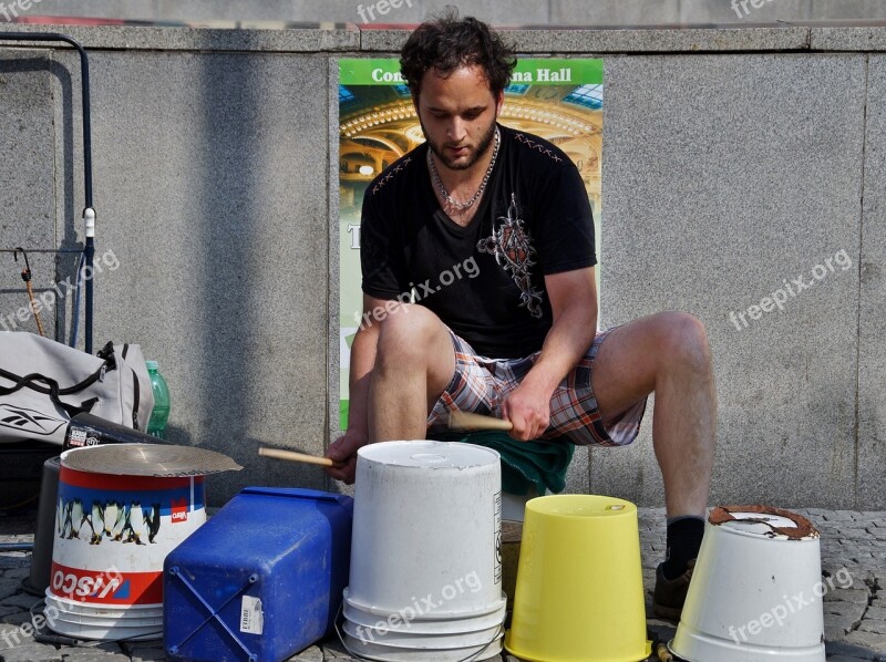 Street Artist Buckets Plastic Buckets Beat Drummer