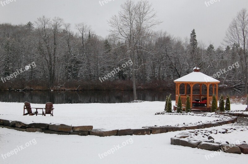 Gazebo Winter Snow Forest Lake