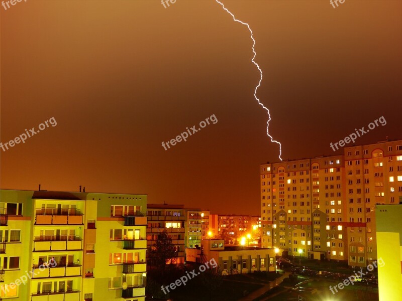 Landscape City Storm Lightning Night