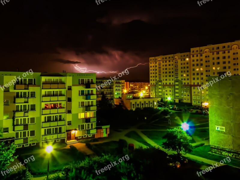 Landscape City Storm Lightning Night