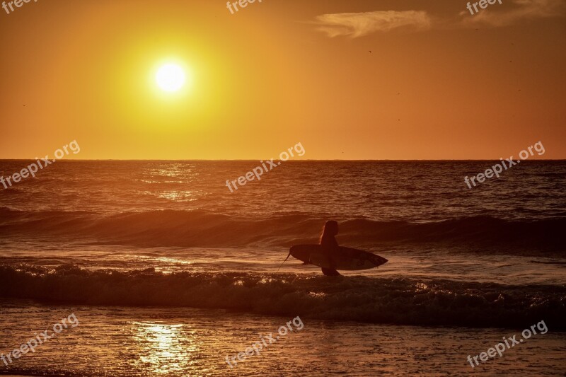 Sunset Surf Ocean Sea Surfer