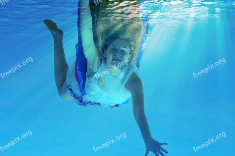 Girl Swim Underwater Blue Mermaid