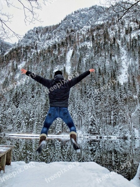 Winter Lake Joy Jump Human