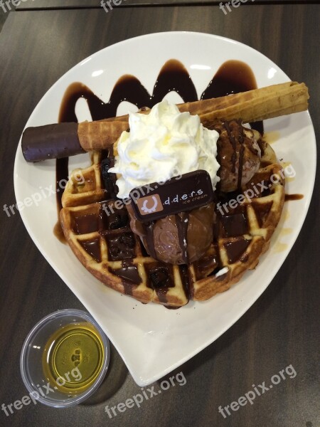 Ice Cream Waffles Biscuit Plate Whipped Cream