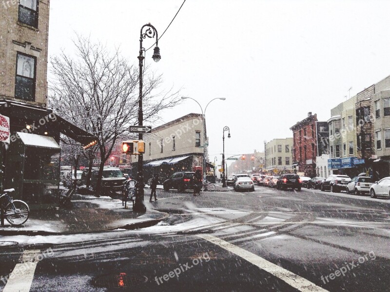 Urban Scene Winter Snow Falling