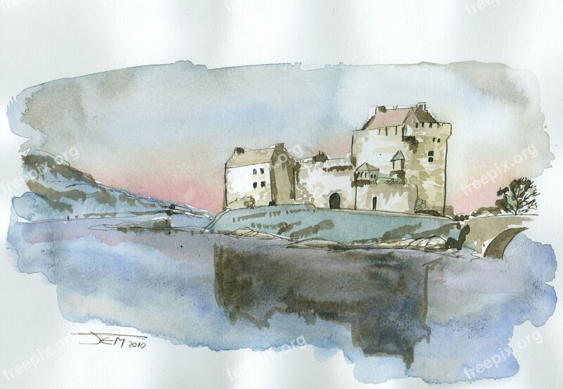 Castle Scotland Watercolor Lake Eilean Dannan