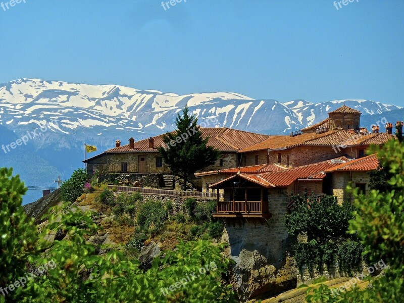 Monastery Meteora Greece Hilltop Mountains