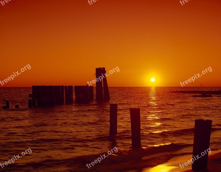 Ocean Sunset Sea Piers Silhouettes