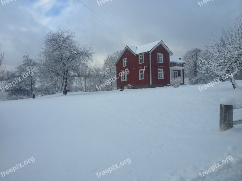 Winter Red Cottage Red House Snow Twilight