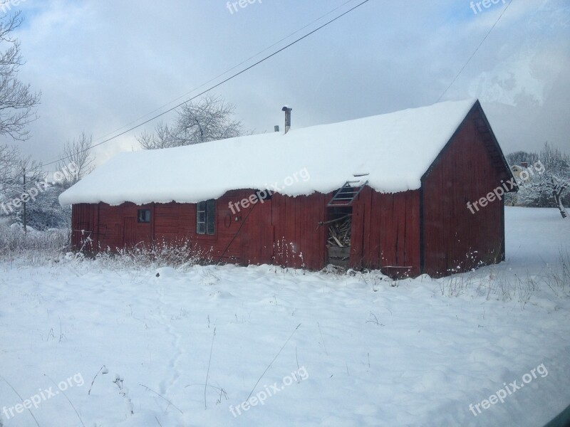 Winter Red Cottage Red House Snow Twilight