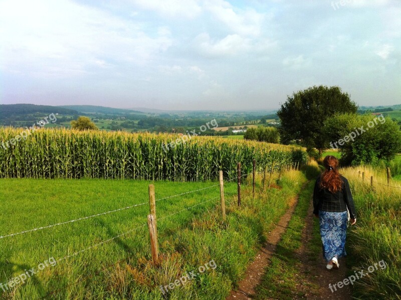 Woman Walk Path Fields Corn