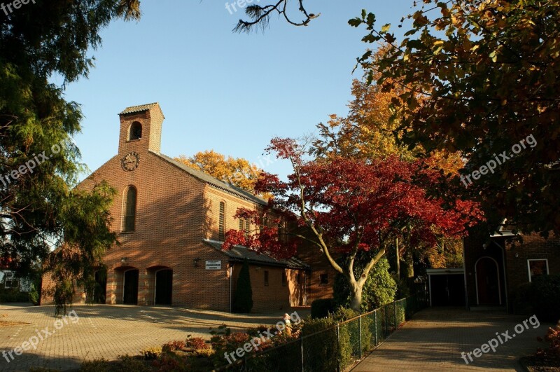 Church Church Tower Blue Sky Fall Colors Religion