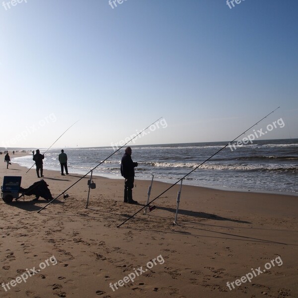 Silhouette People Fishing Sea Beach