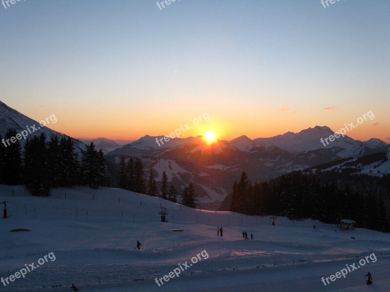 France Skiing Sunset Alps Avoriaz