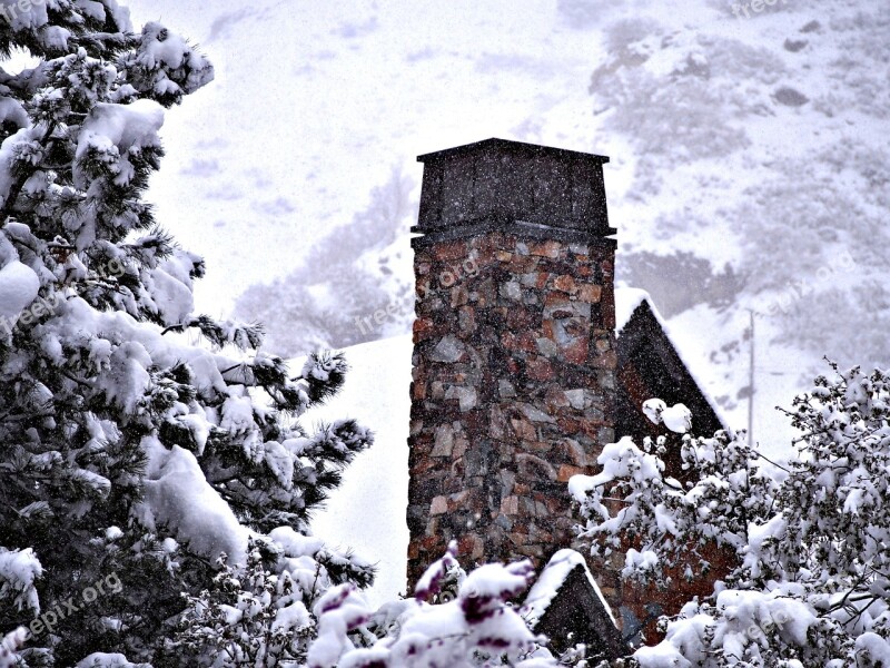 Chimney House Trees Snow Cold