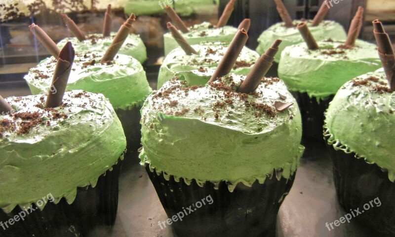 Chocolate Cupcakes Mint Whipped Cream Chocolate Pieces Food Baking