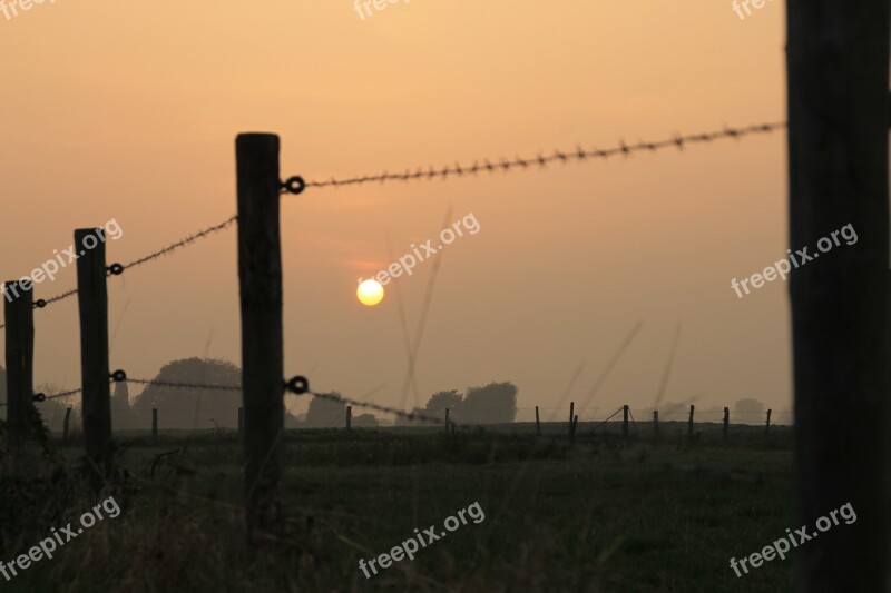 Land Fence Sunset Barbed Wire Idyll