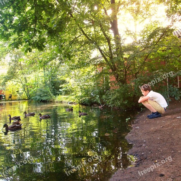 Boy Crouch Sit More Water