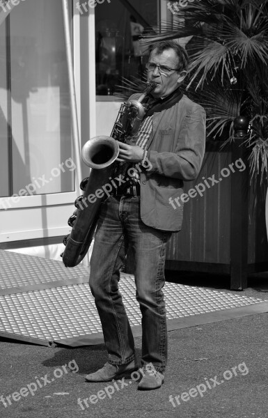 Artist Saxophone Black And White Concert Street