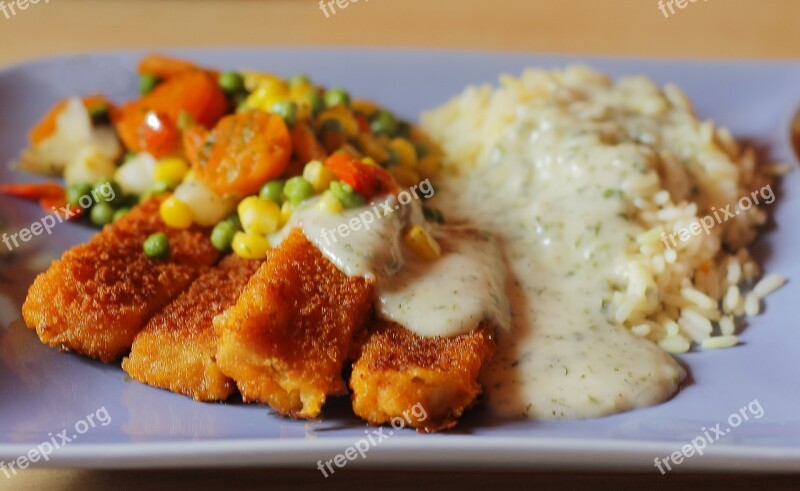 Fish Fingers Vegetables Rice Eat Sauce