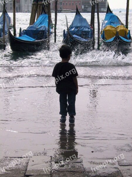 Boy Gondola Waves Italy Venetian