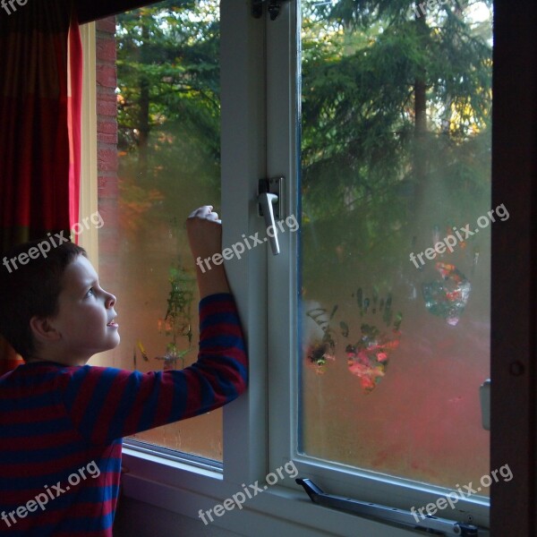 Boy Signs Window Autumn Colors