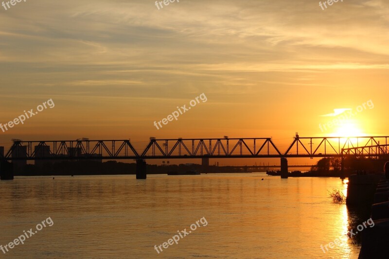 Novosibirsk Bridge Railway Sunset Evening