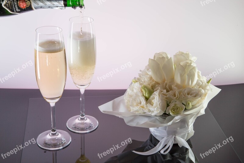 Champagne Pours Wine Glasses Flowers Celebration