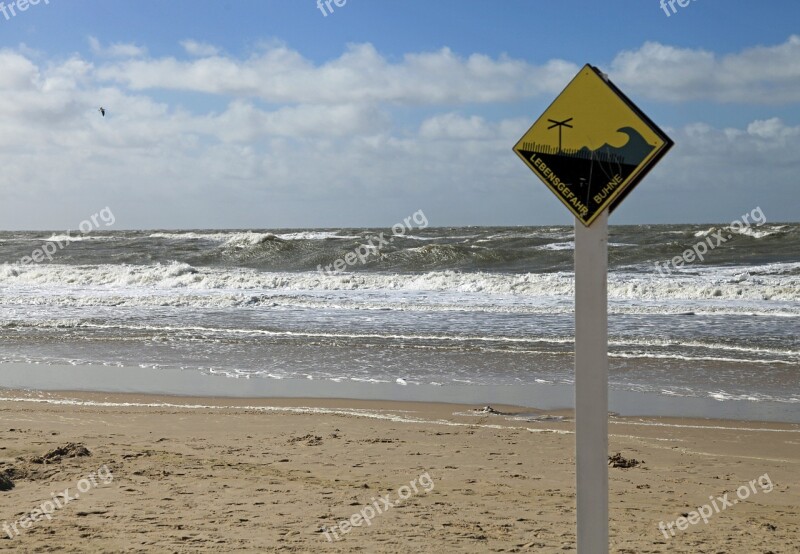 Beach Sea Groyne Warnschild Wave