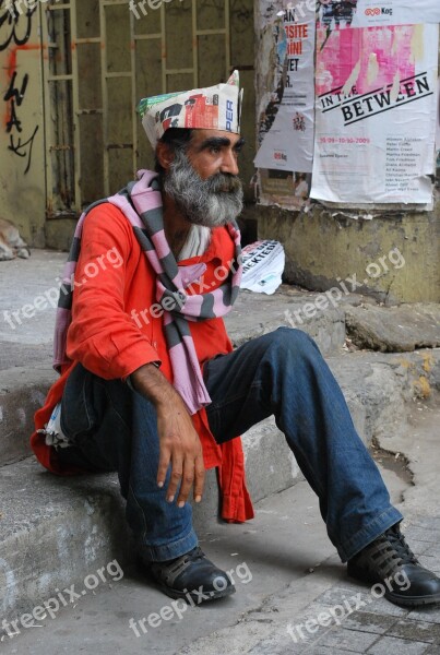 Man Sitting Hat Homeless America