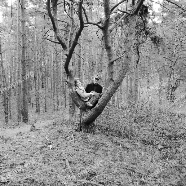 Father Child Forest Tree Outing Climbing