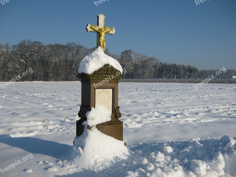 Wayside Cross Snow Winter Powder Snow Cold