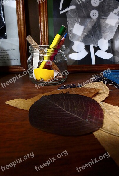 Pencils Dried Leaves Still Life Free Photos