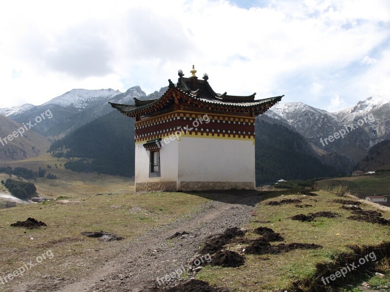 Snow Mountain Tibetan Building White Cloud Landscape