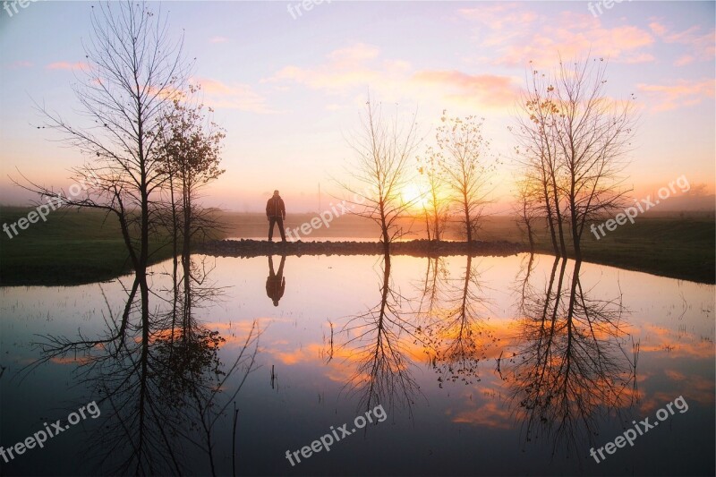 Sunset Water Reflection Trees Pond