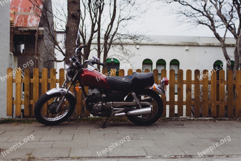 Motorcycle Motorbike Picket Fence Wood Sidewalk