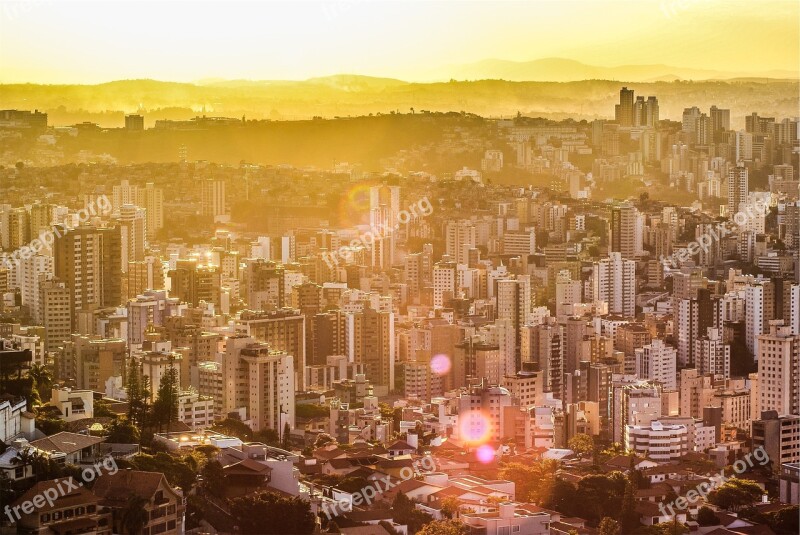 Sunset Sun Rays Skyline Buildings City