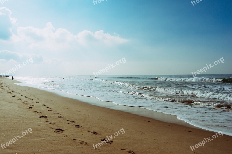 Beach Sand Footprints Shore Waves