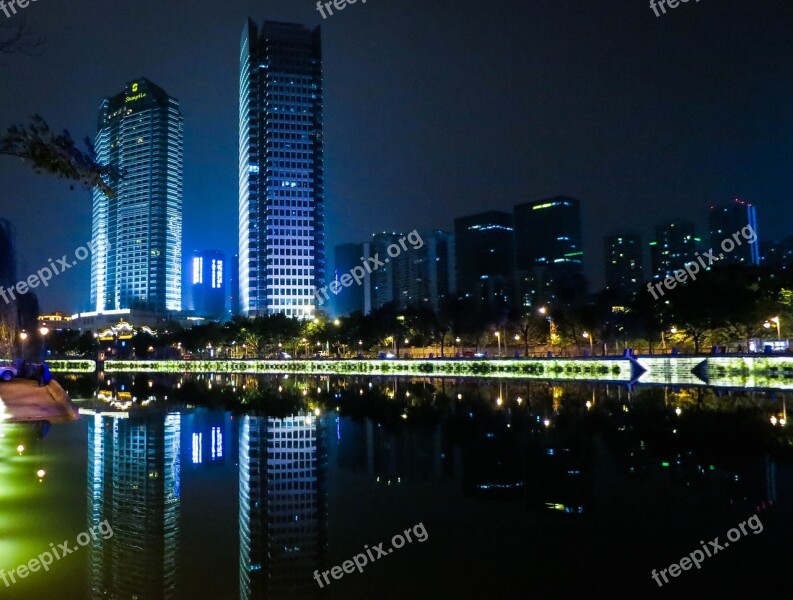 Skyline Buildings Towers Night Dark