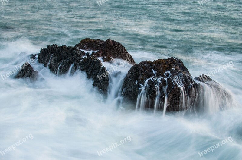 Rocks Boulders Waves Mist Ocean