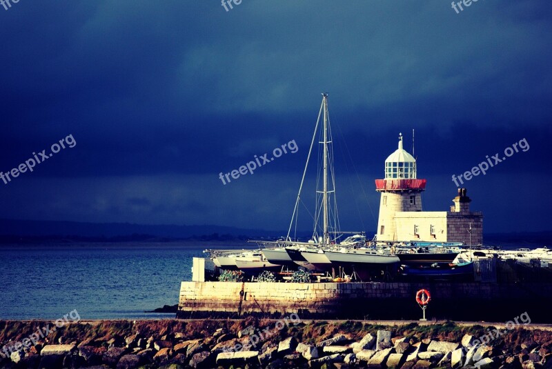 Lighthouse Boats Coast Rocks Ocean