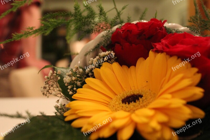 Flower Bouquet Of Flowers Yellow Flower Red Roses Rose